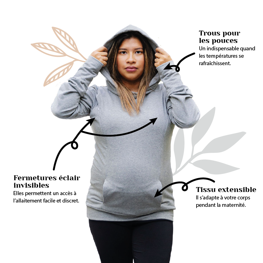 Mère enceinte avec hoodie gris de maternité et allaitement avec capuchon